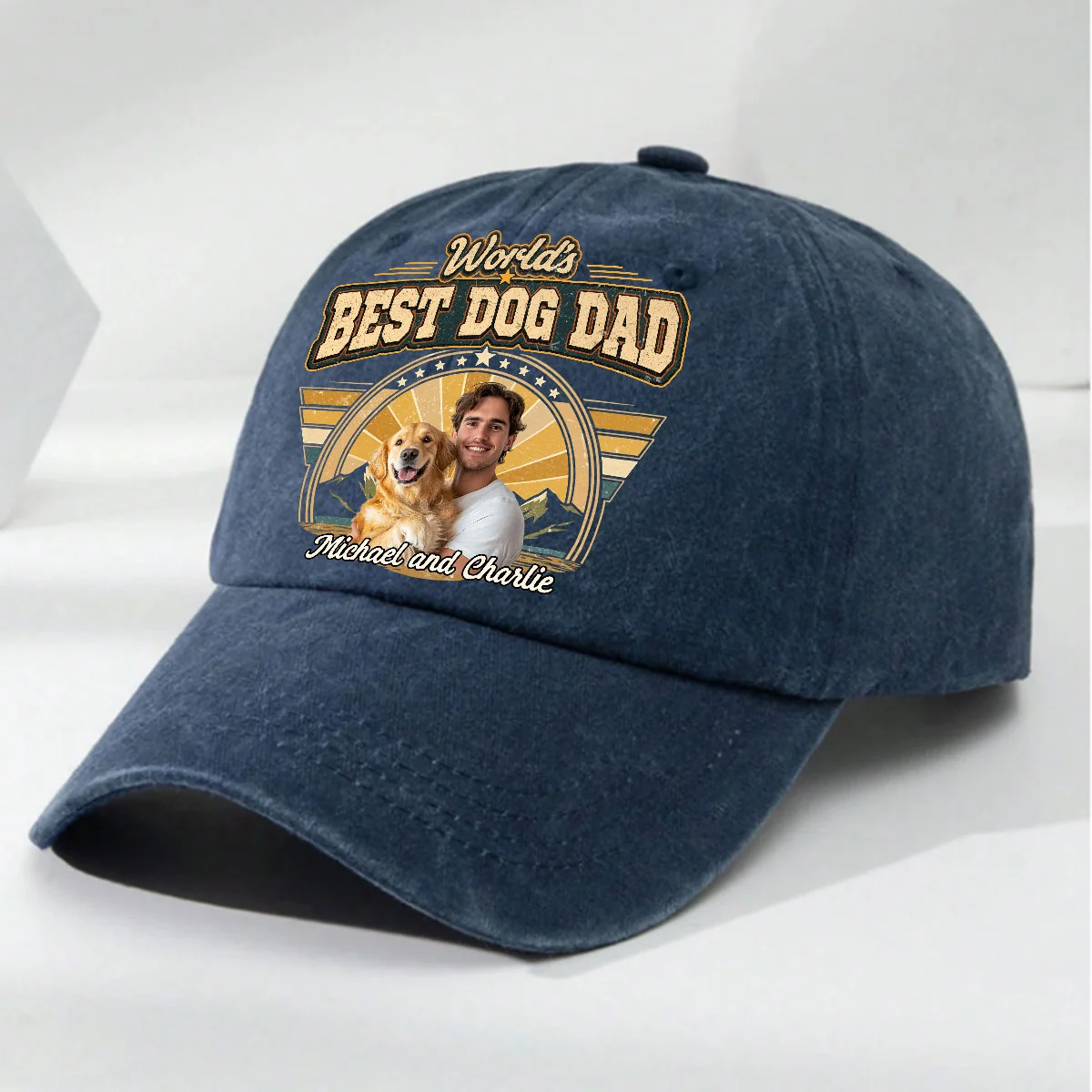 Best Dad In The World Photo - Personalized Custom Vintage Washed Denim Cap - Image 2