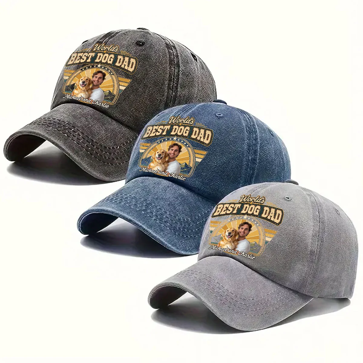 Best Dad In The World Photo - Personalized Custom Vintage Washed Denim Cap - Image 3