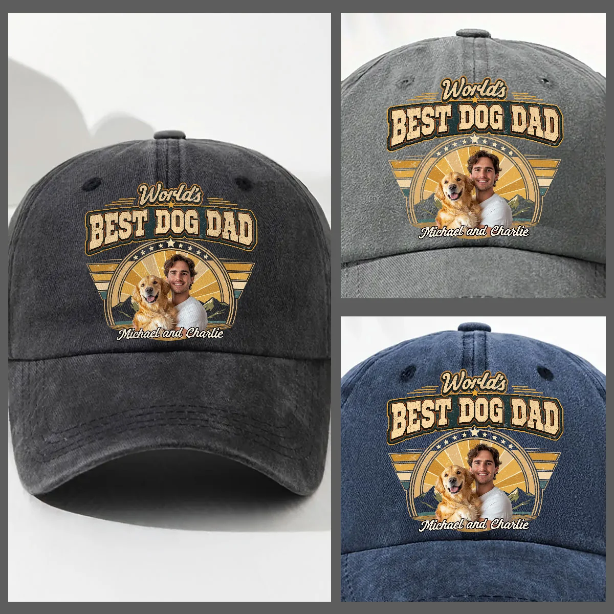 Best Dad In The World Photo - Personalized Custom Vintage Washed Denim Cap - Image 4