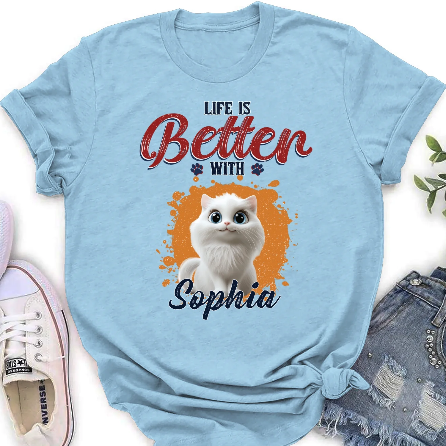 Better Life With My Cat - Personalized Custom Women's T-shirt - Image 8