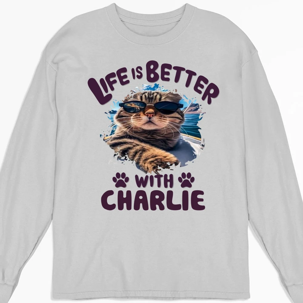 Better Life With My Cat Photo - Personalized Custom Long Sleeve T-Shirt - Image 3