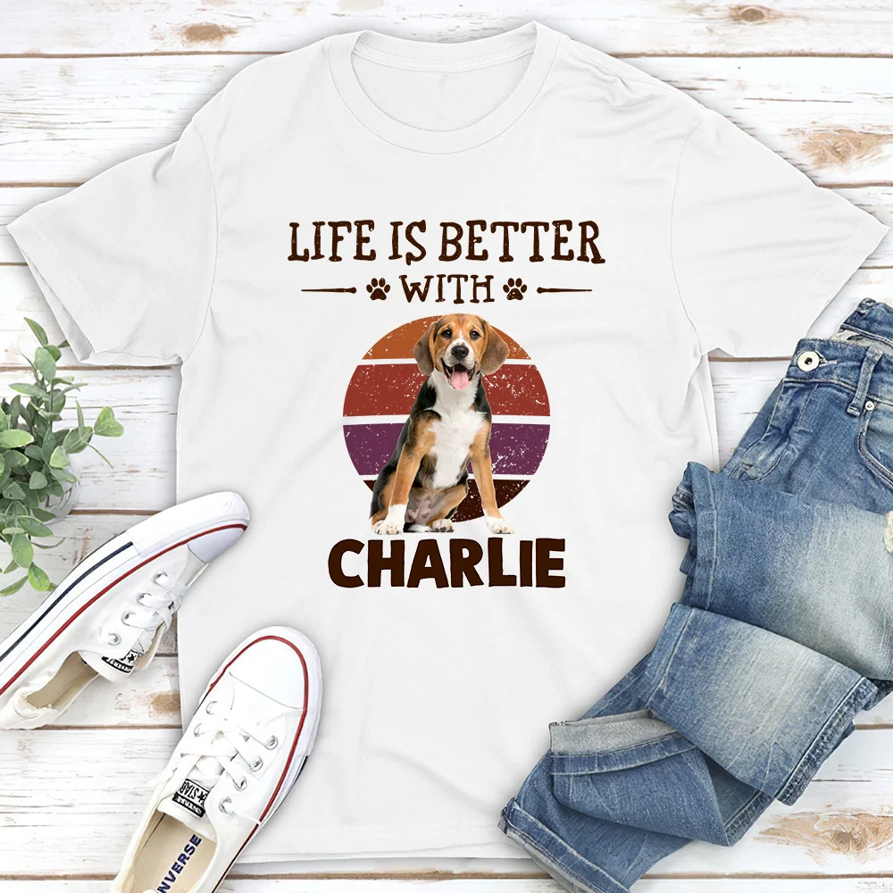 Better Life With My Dog Cartoon Photo - Personalized Custom Unisex T-Shirt - Image 2
