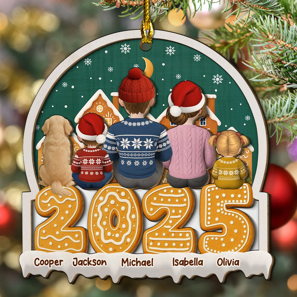 Cartoon Family And Pet Gingerbread Cookies - Personalized Custom 2-layered Wood Ornament - Image 3