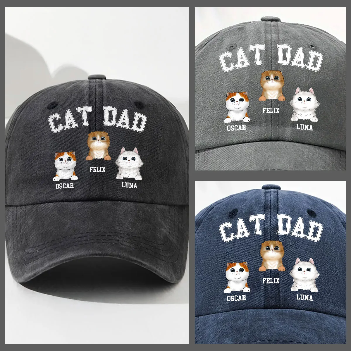 Cat Dad Mom Basic - Personalized Custom Vintage Washed Denim Cap - Image 3