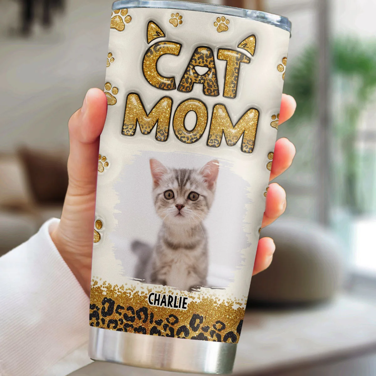 Cat Mom Leopard Photo - Personalized Custom 3D Inflated Effect Tumbler