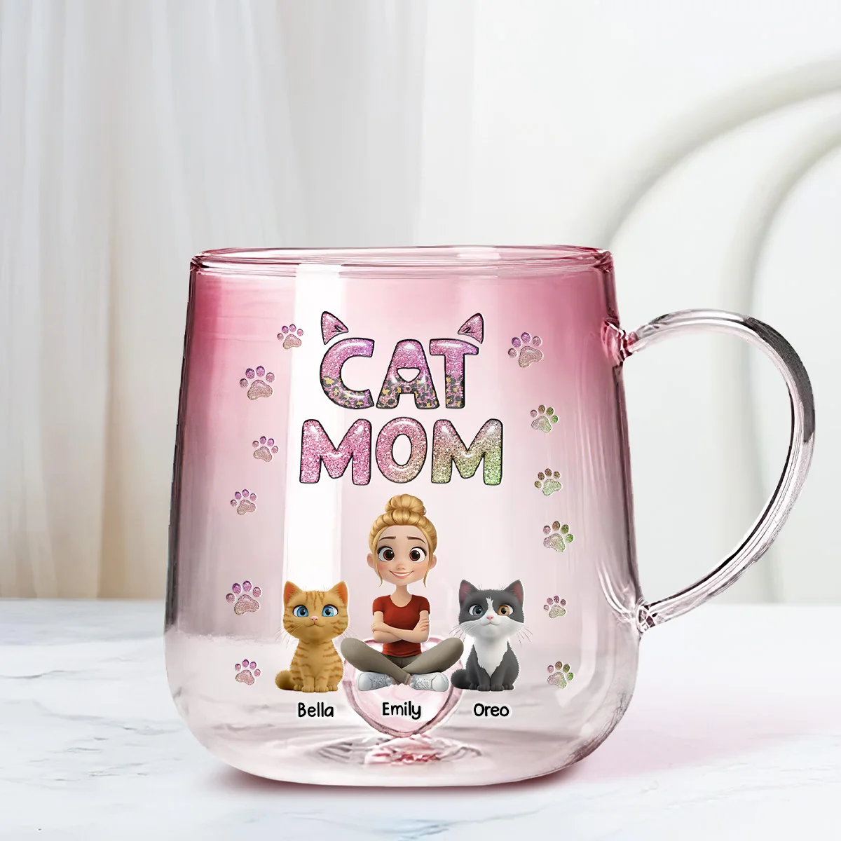 Cat Mom Lovely Chibi - Personalized Custom Pink Gradient Glass Mug - Image 3