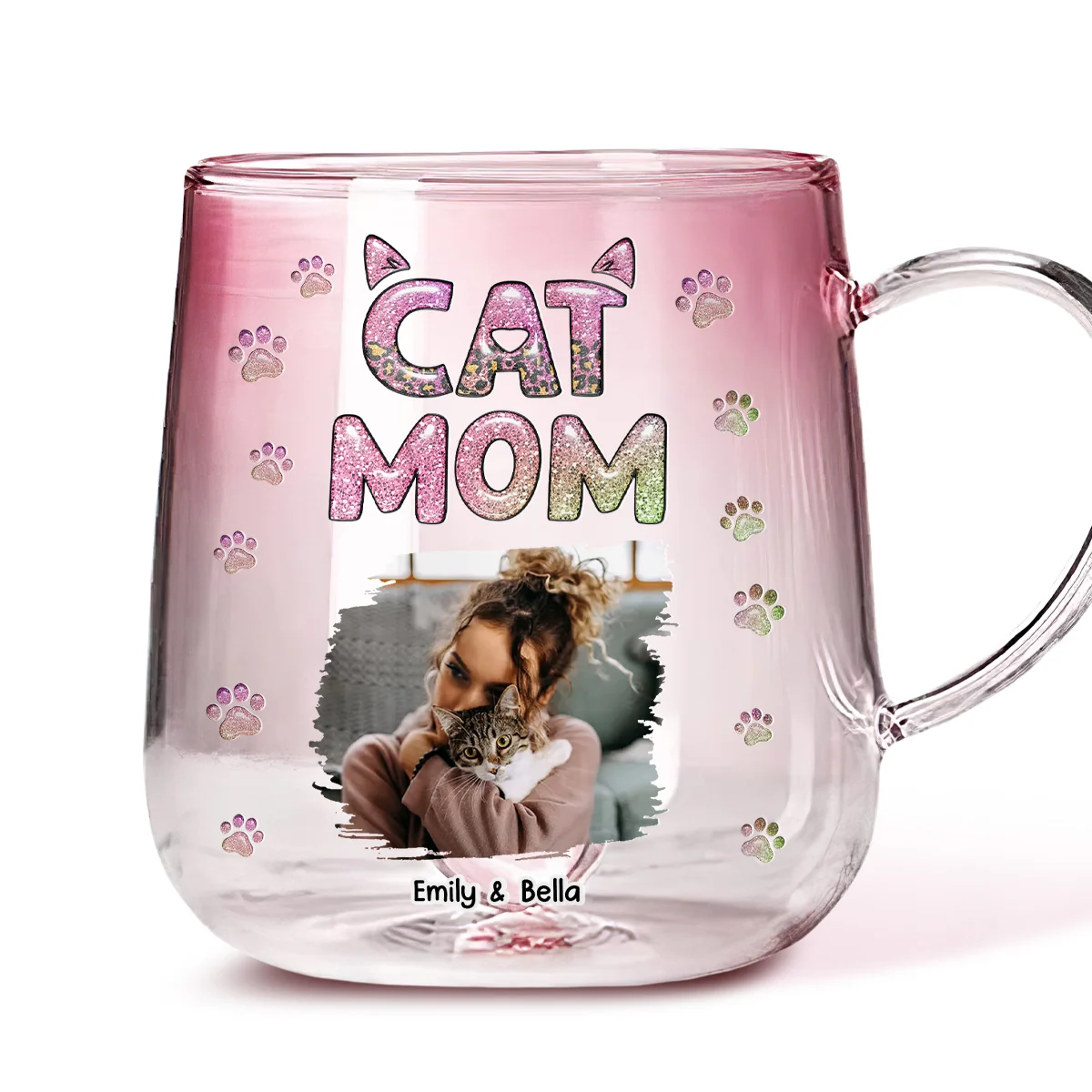Cat Mom Lovely Chibi Photo - Personalized Custom Pink Gradient Glass Mug
