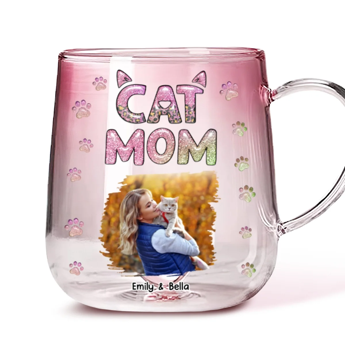 Cat Mom Lovely Chibi Photo - Personalized Custom Pink Gradient Glass Mug - Image 4