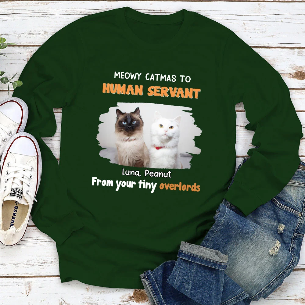 Cat Overlord And Human Servant Christmas Photo - Personalized Custom Long Sleeve T-Shirt - Image 3