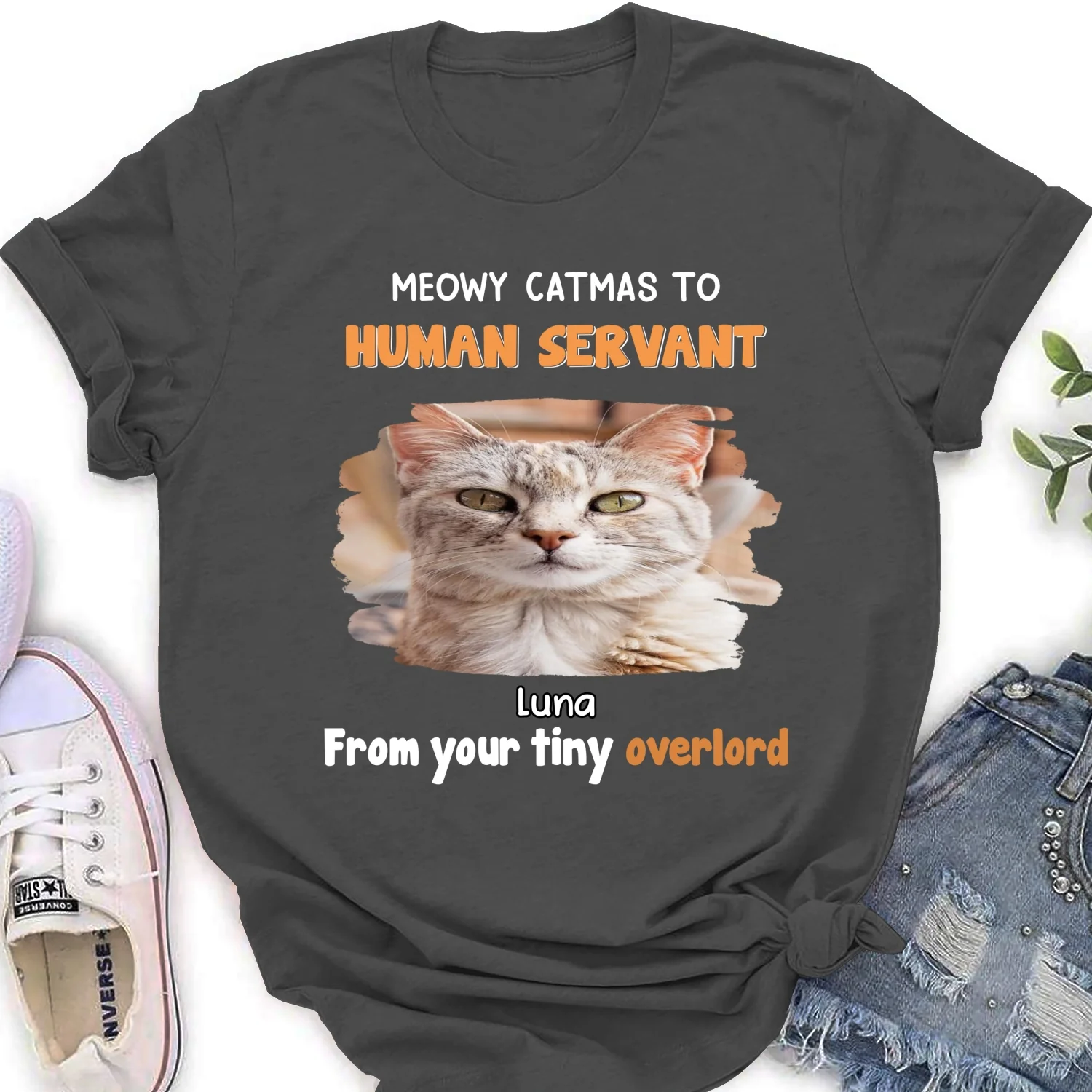 Cat Overlord And Human Servant Christmas Photo - Personalized Custom Women's T-Shirt - Image 11