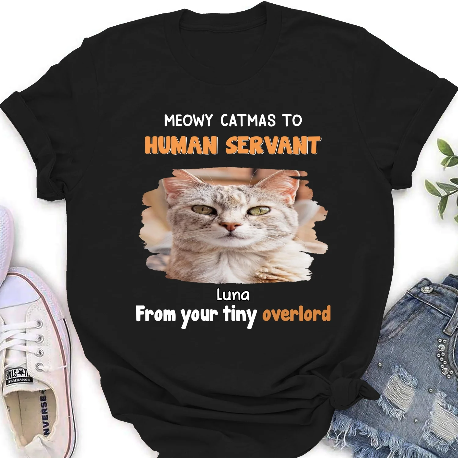 Cat Overlord And Human Servant Christmas Photo - Personalized Custom Women's T-Shirt - Image 7