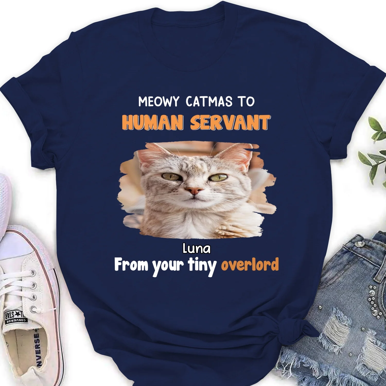 Cat Overlord And Human Servant Christmas Photo - Personalized Custom Women's T-Shirt - Image 8