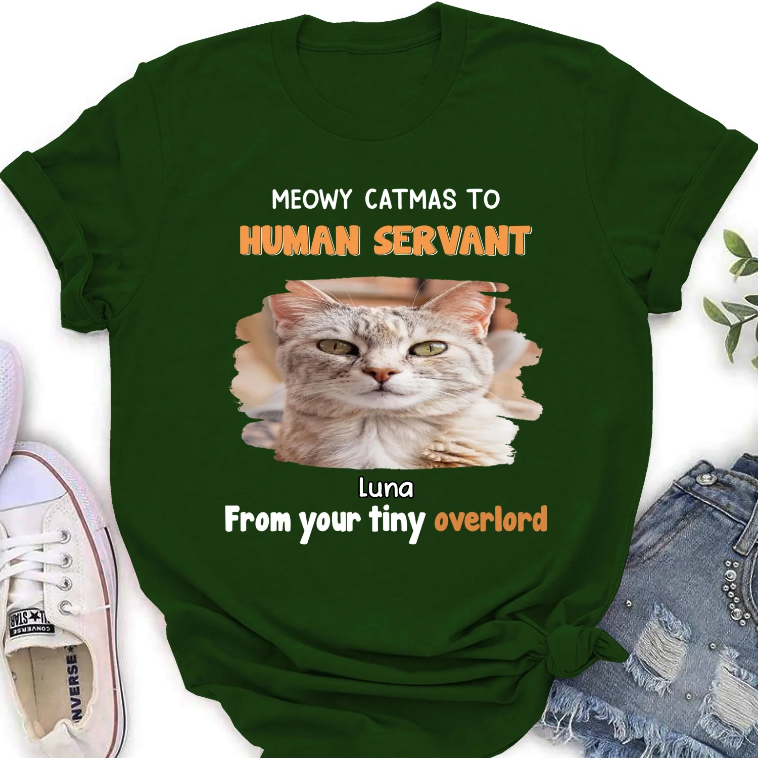 Cat Overlord And Human Servant Christmas Photo - Personalized Custom Women's T-Shirt - Image 9