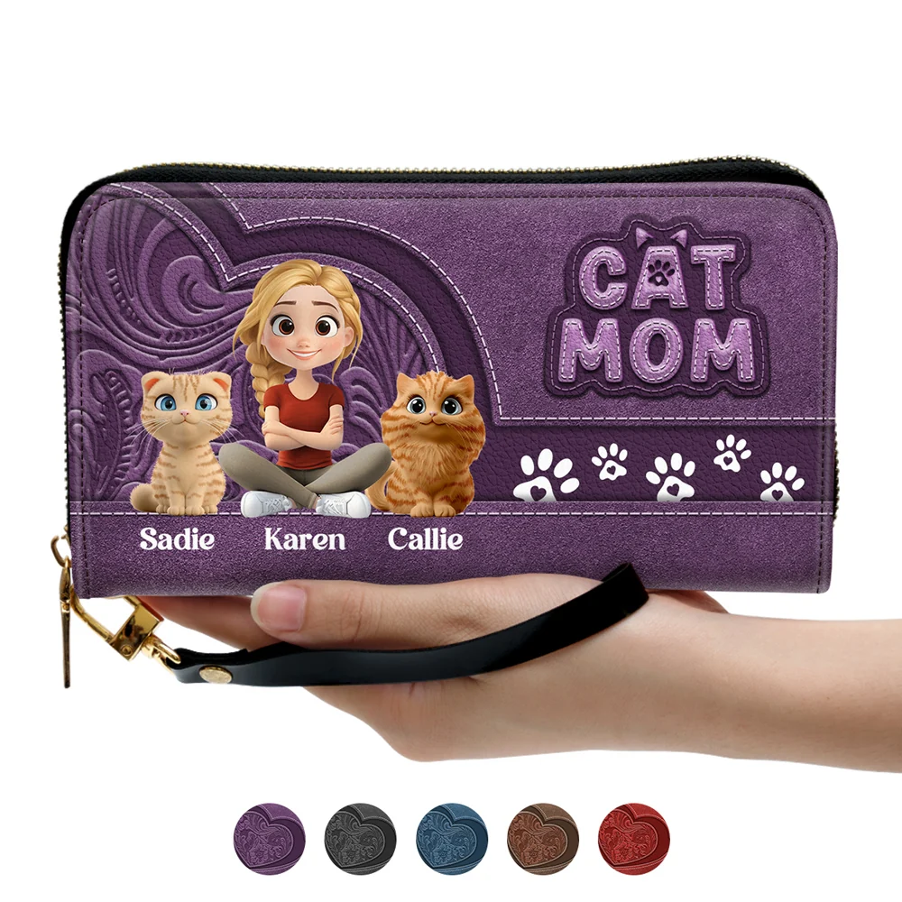 Chibi Cartoon Cat Mom - Personalized Custom Leather Wallet