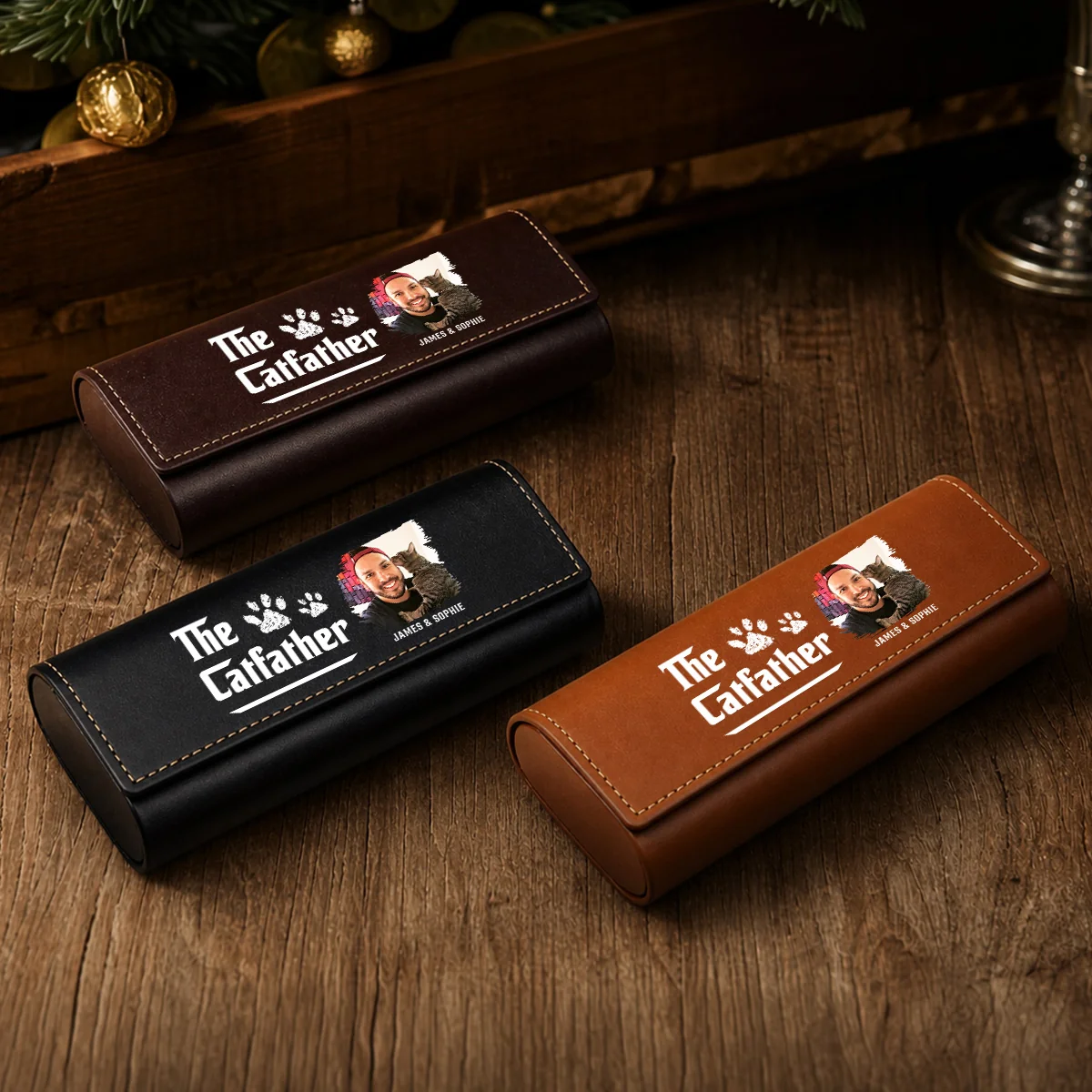 Cool Cat Father Photo - Personalized Custom Leather Eyeglass Case - Image 3