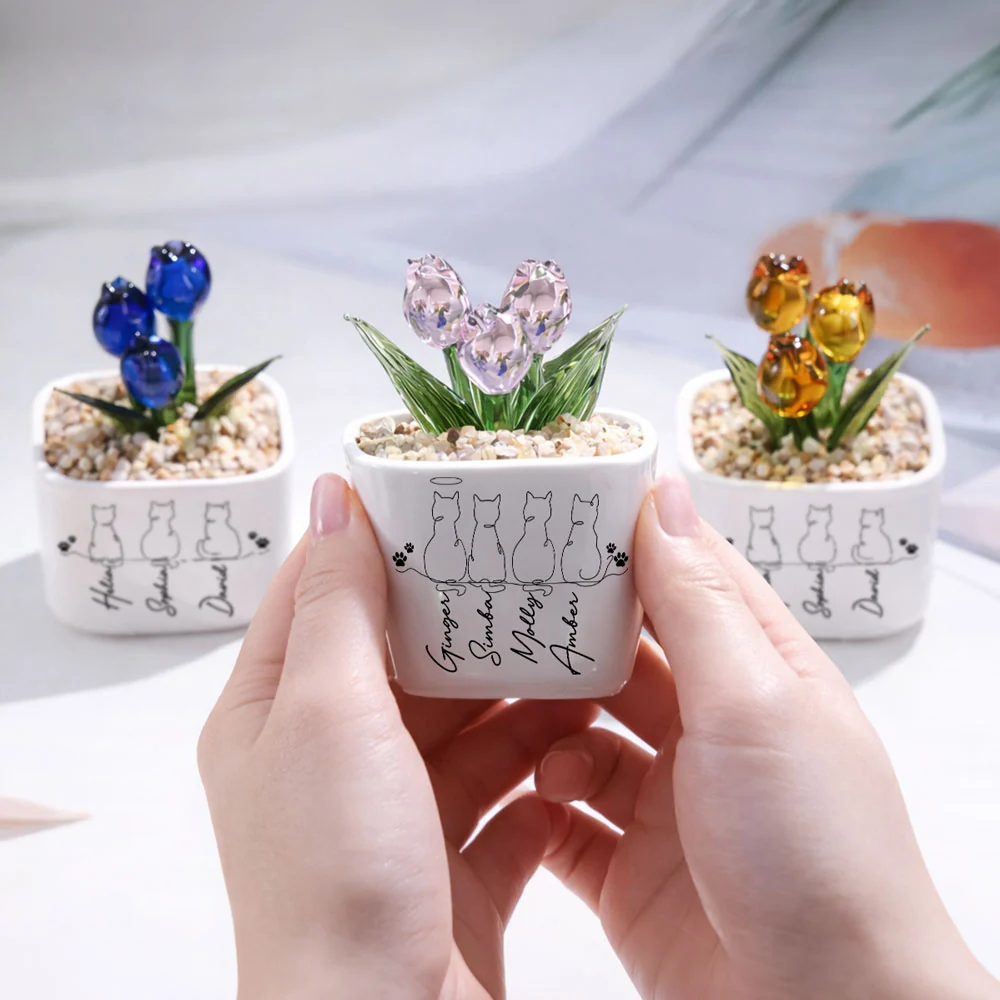 Cute Cat With Tulips - Personalized Custom Glass Everlasting Tulips - Image 5