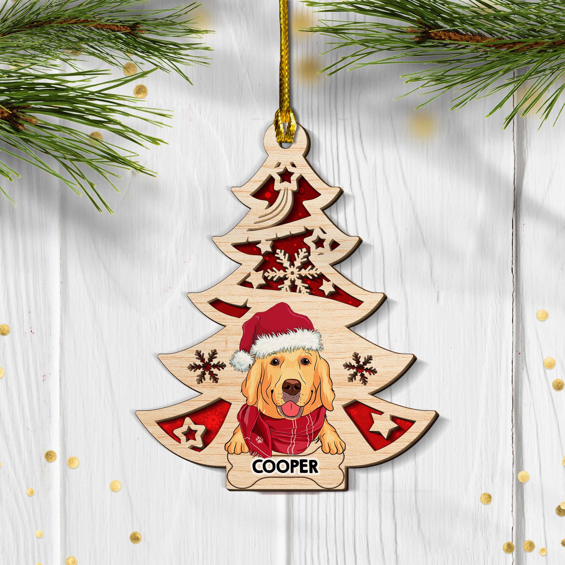 Dog And Christmas Tree - Personalized Custom 2-layered Wood Ornament - Image 2