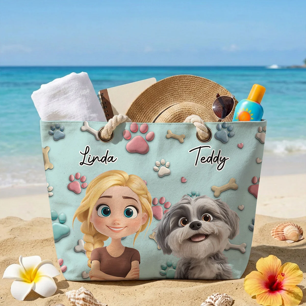 Dog And Human Cartoon - Personalized Custom Beach Bag