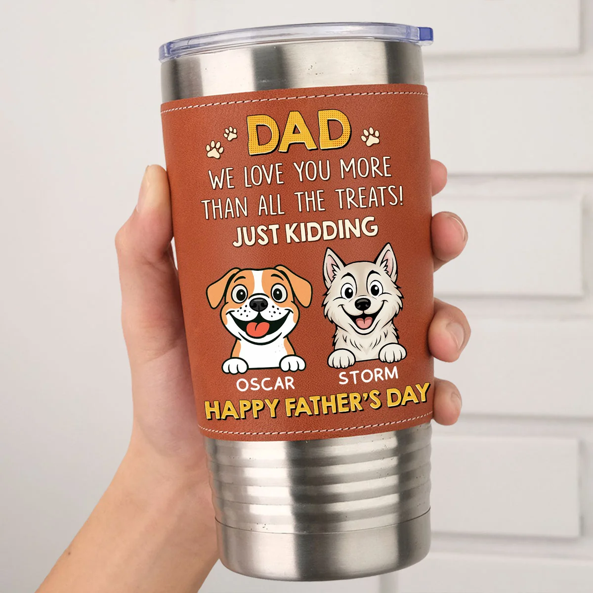 Dog Loves You More Than Treats - Personalized Custom Leather Tumbler - Image 5