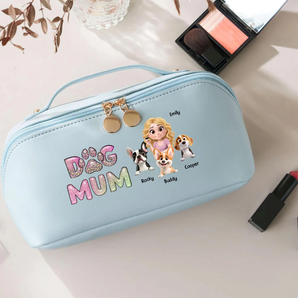 Dog Mom Lovely Chibi - Personalized Custom Leather Makeup Bag - Image 3