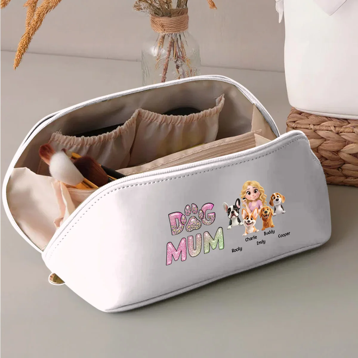 Dog Mom Lovely Chibi - Personalized Custom Leather Makeup Bag - Image 4