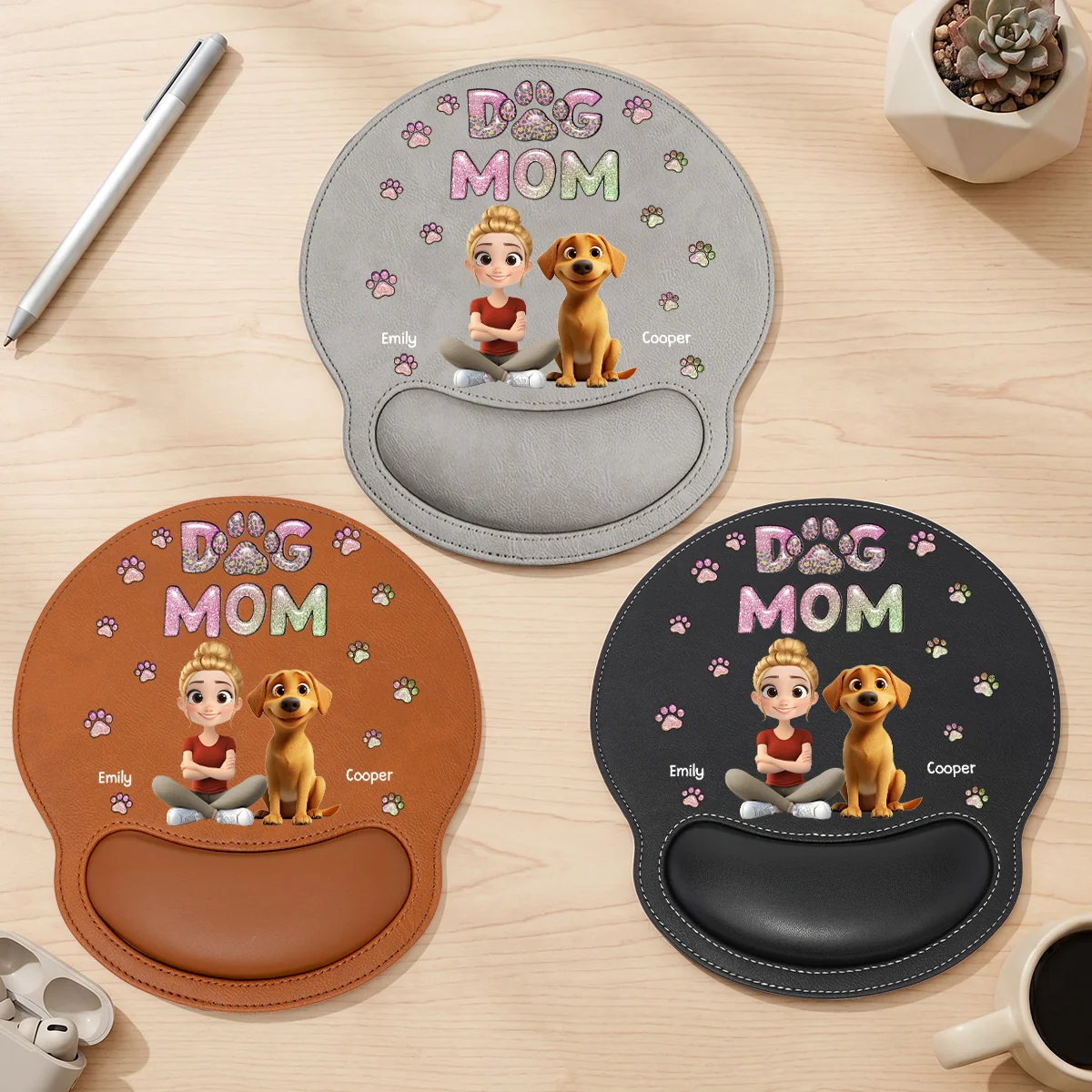 Dog Mom Lovely Chibi - Personalized Custom Leather Mouse Pad - Image 4