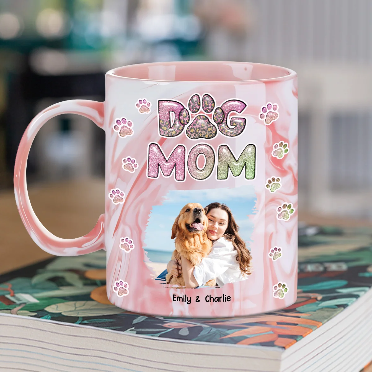 Dog Mom Lovely Chibi Photo - Personalized Custom 3D Inflated Effect Pink Marble Mug - Image 2