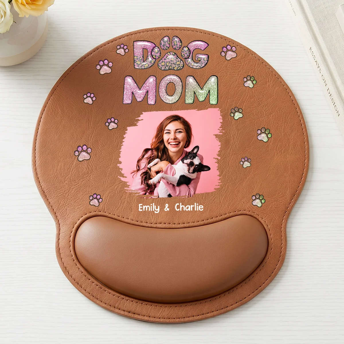 Dog Mom Lovely Chibi Photo - Personalized Custom Leather Mouse Pad