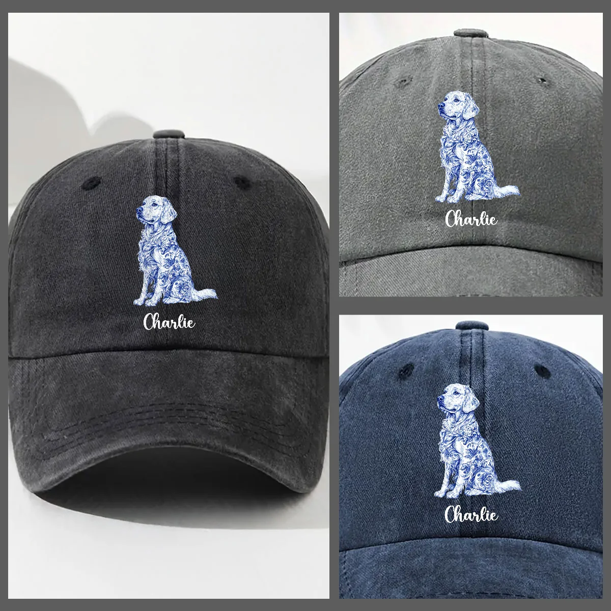 Dog Mom Toile De Jouy - Personalized Custom Vintage Washed Denim Cap - Image 4