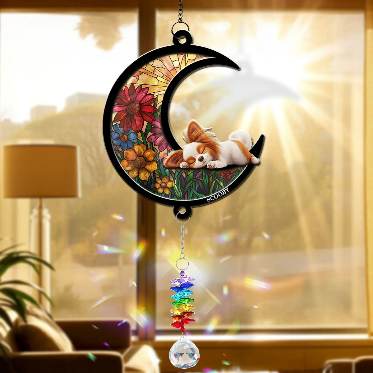 Dreaming Of Treats And Belly Rubs - Personalized Custom Suncatcher With Crystal Rainbow Charm - Image 3