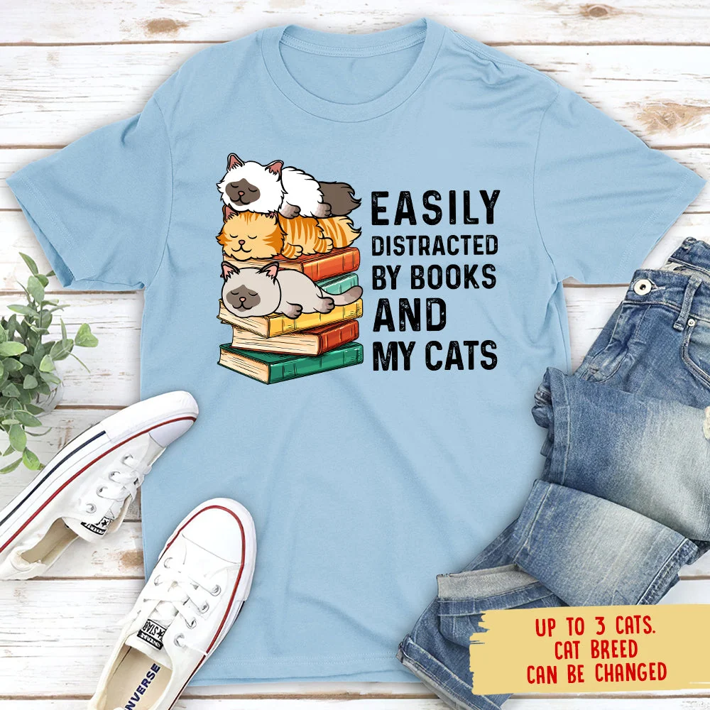 Easily Distracted By Books & Cats - Personalized Custom Unisex T-shirt - Image 3