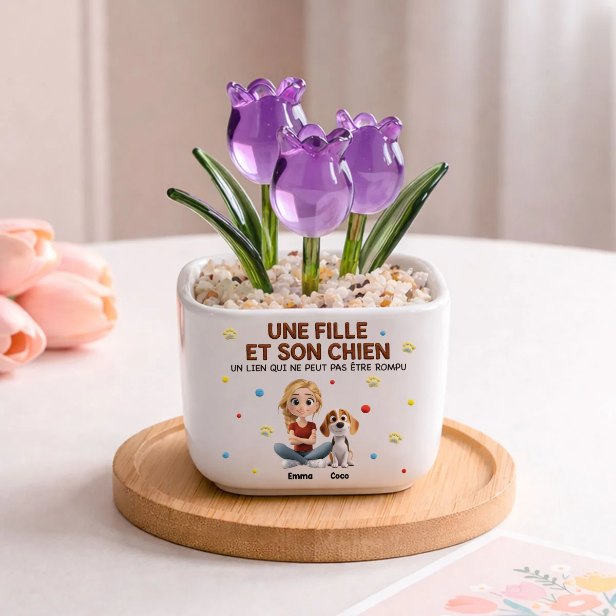 Fille Câline Et Ses Adorables Chiens - Tulipes Éternelles Personnalisées Avec Effet 3D En Verre