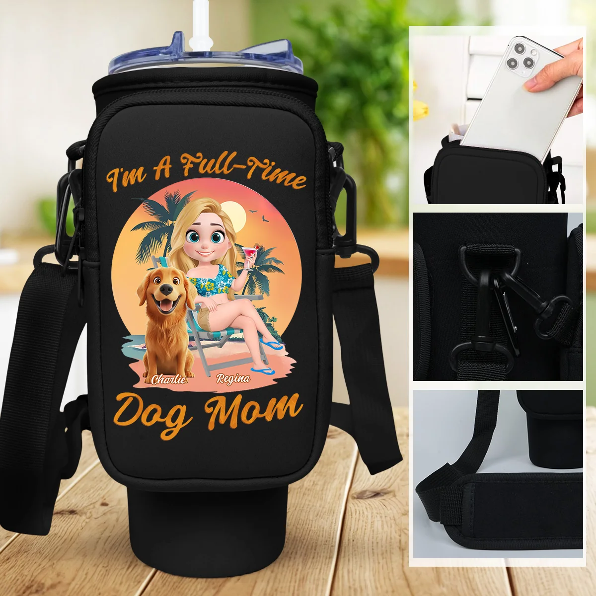 Full Time Dog Mom - Personalized Custom 40oz Water Bottle Carrier Bag - Image 7