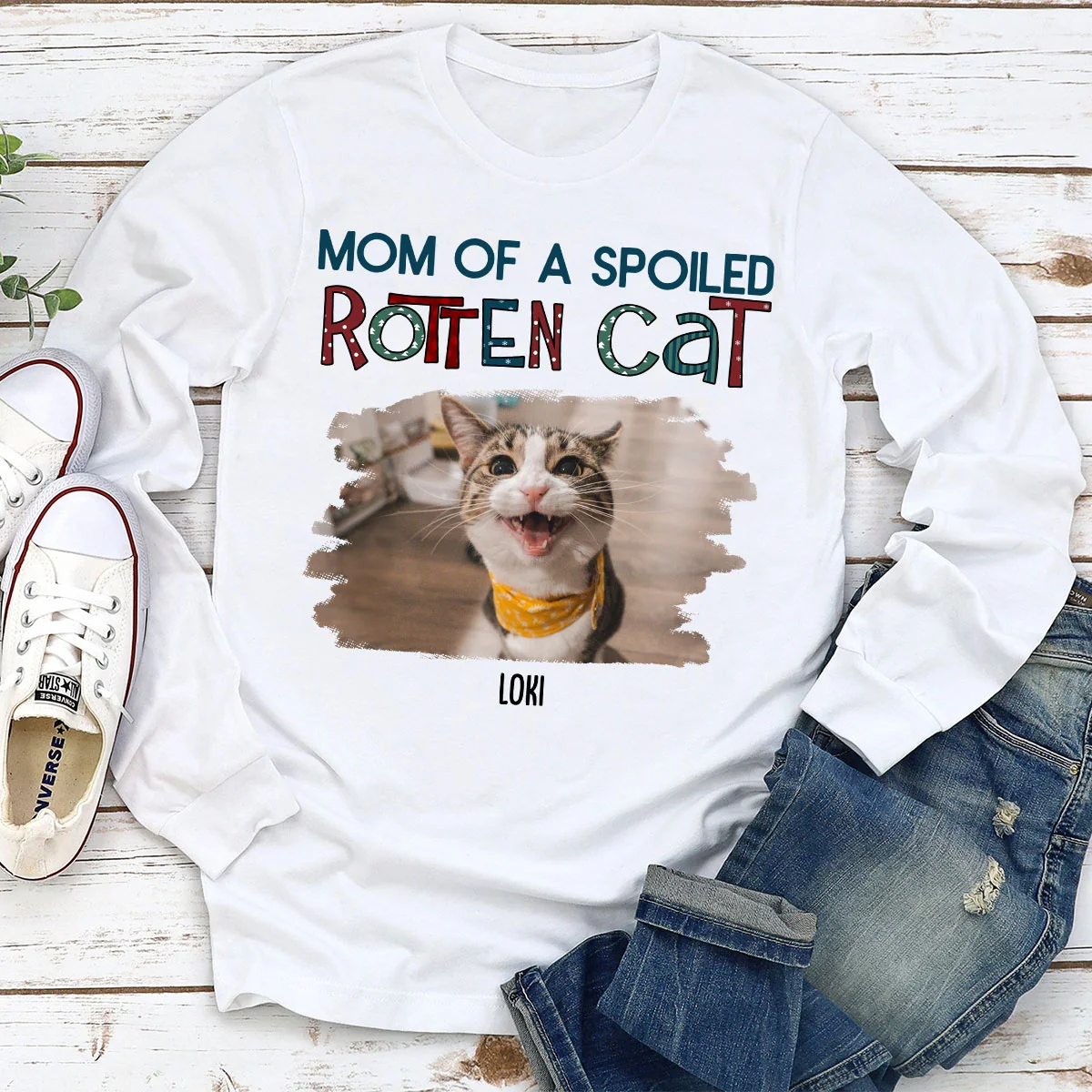 Funny Mom Dad Cat Christmas Photo - Personalized Custom Long Sleeve T-Shirt - Image 2