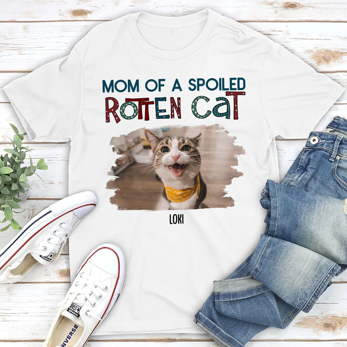 Funny Mom Dad Cat Christmas Photo - Personalized Custom Unisex T-Shirt - Image 2