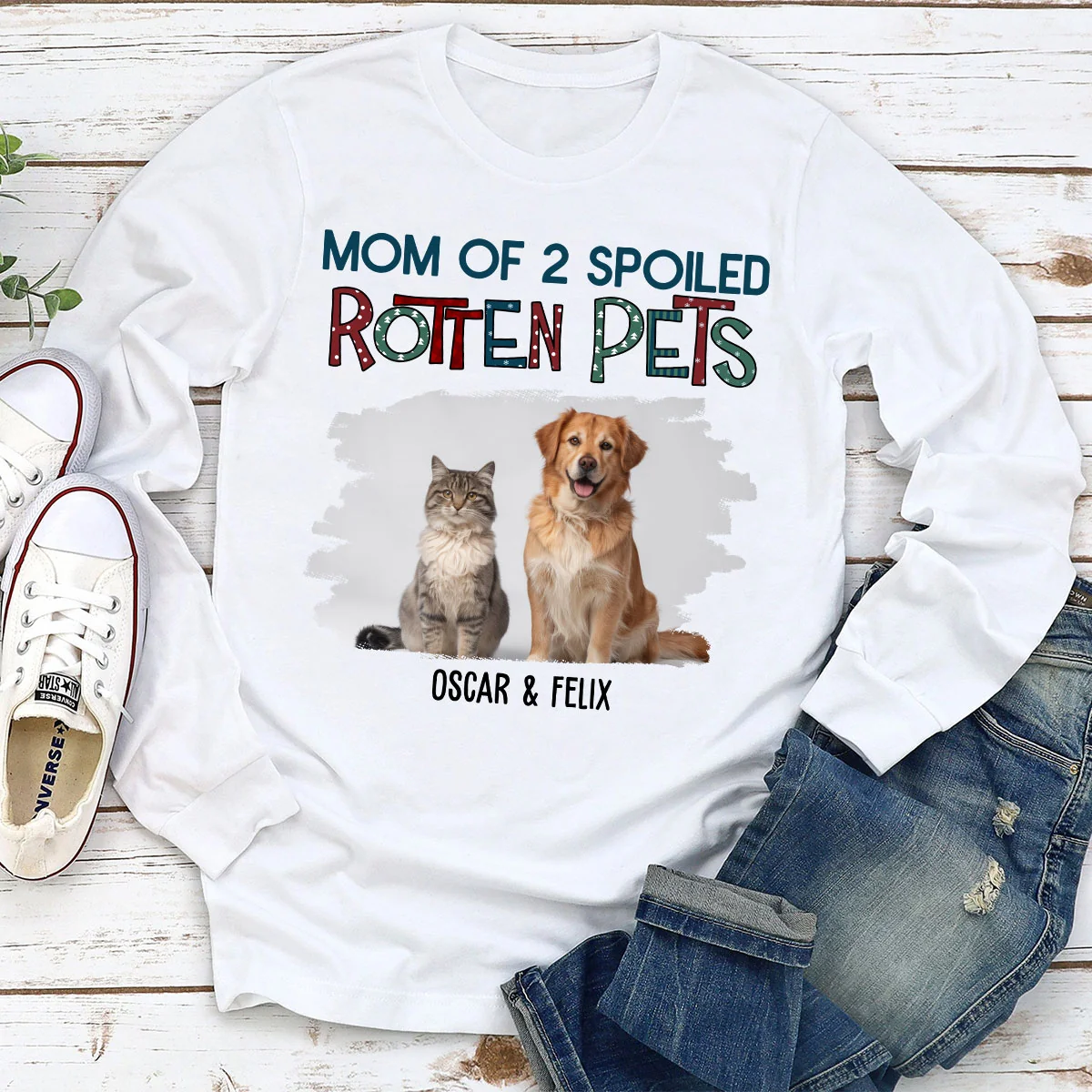 Funny Mom Dad Pet Christmas Photo - Personalized Custom Long Sleeve T-shirt - Image 2
