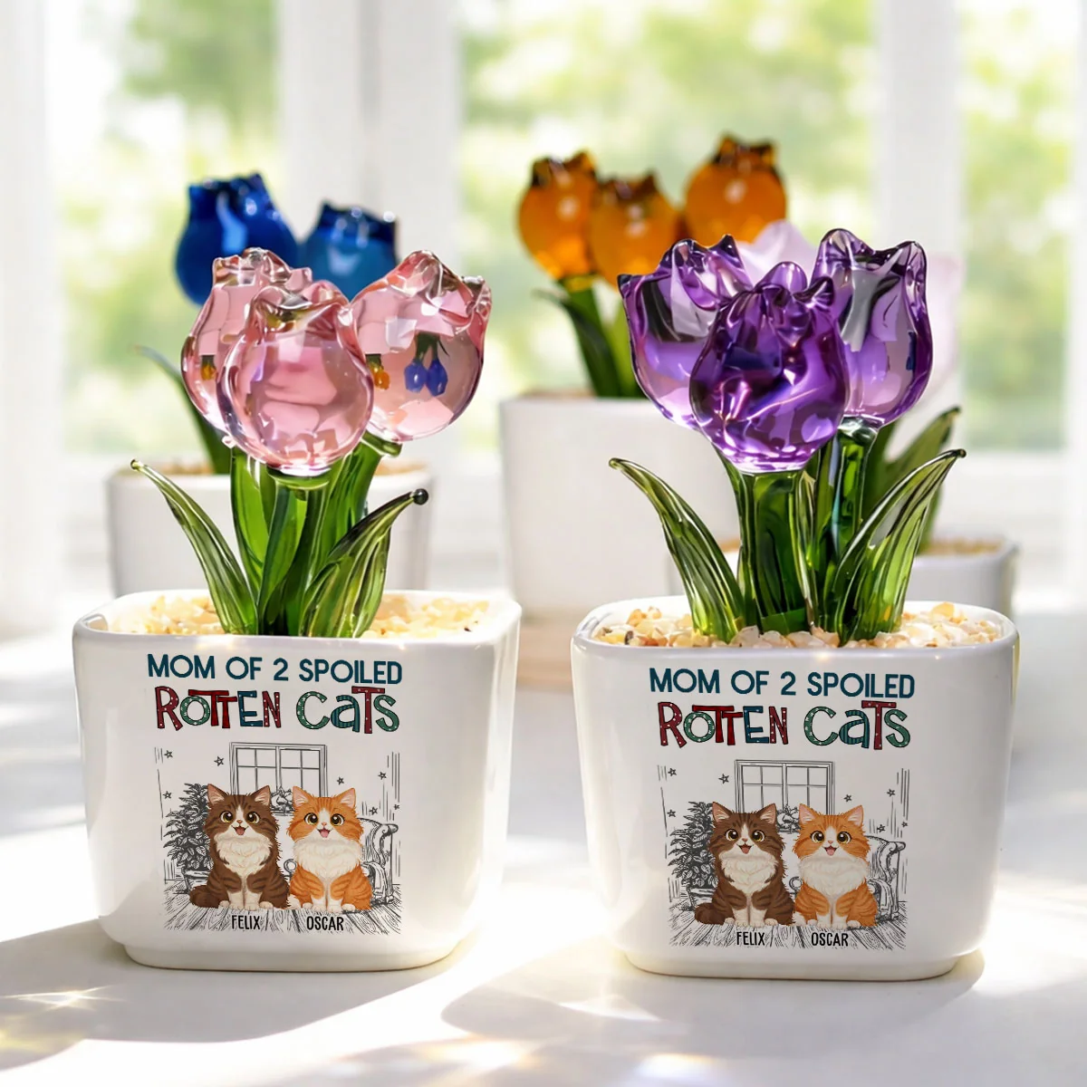 Funny Mom Dad Storybook Cat - Personalized Custom Glass Everlasting Tulips - Image 3