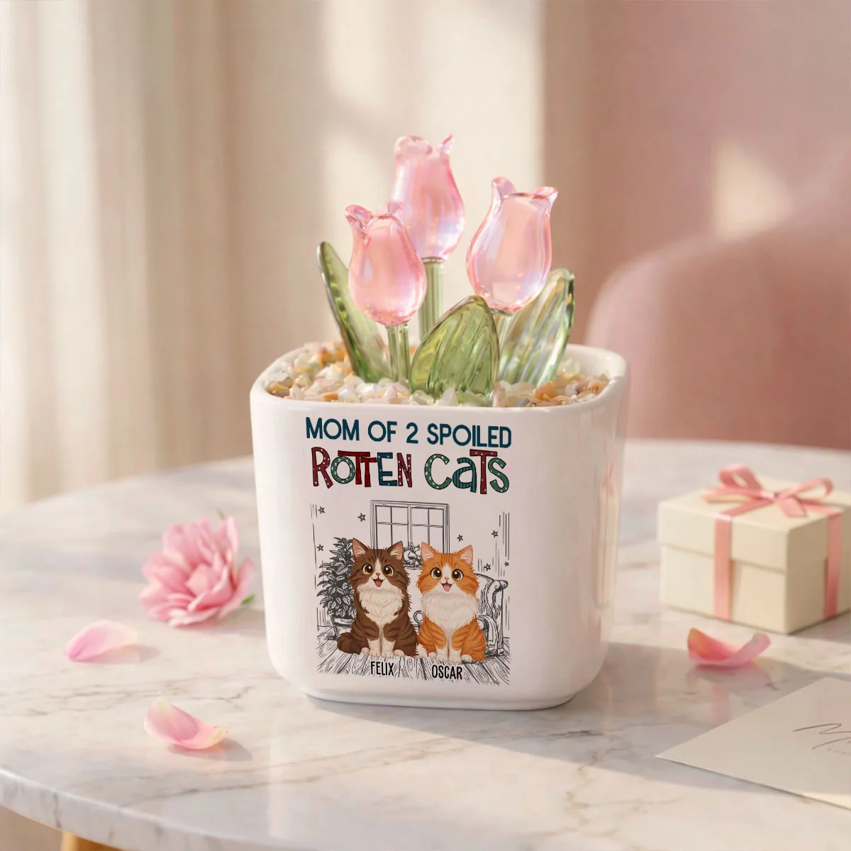 Funny Mom Dad Storybook Cat - Personalized Custom Glass Everlasting Tulips - Image 6