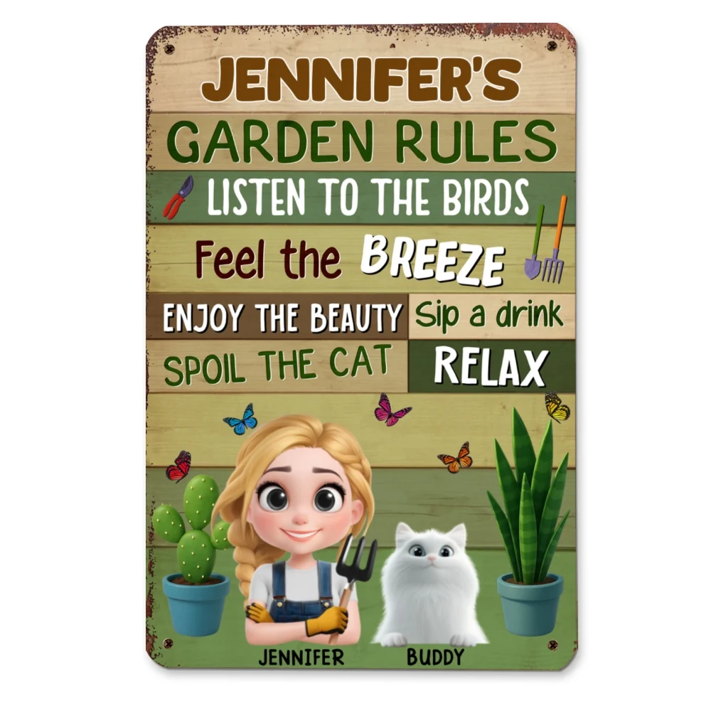 Garden Rule Cat Cartoon - Personalized Custom Metal Sign - Image 6