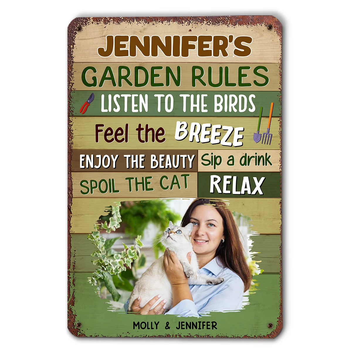 Garden Rule Cat Cartoon Photo - Personalized Custom Metal Sign