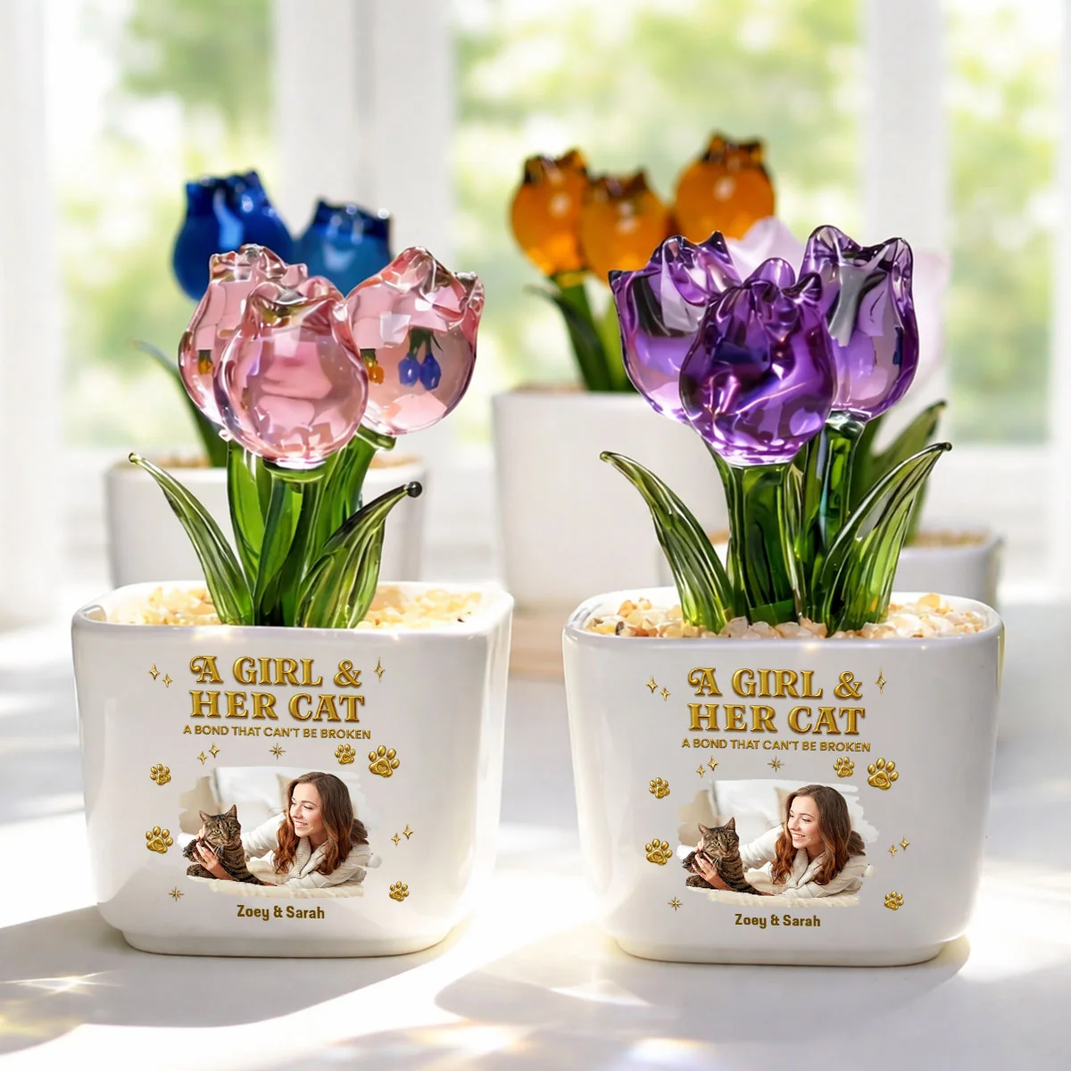 Girl And Cat Yellow Photo - Personalized Custom 3D Effect Glass Everlasting Tulips - Image 2