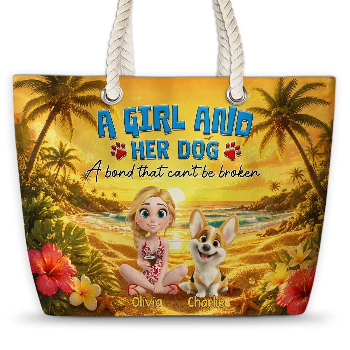 Girl And Dog On Beach - Personalized Custom Beach Bag