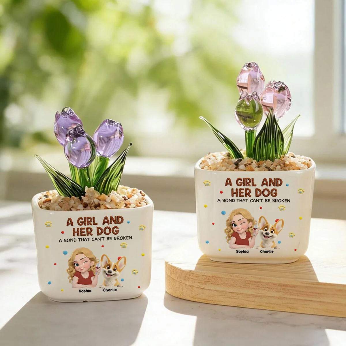 Girl And Her Lovely Dogs - Personalized Custom 3D Effect Glass Everlasting Tulips - Image 7