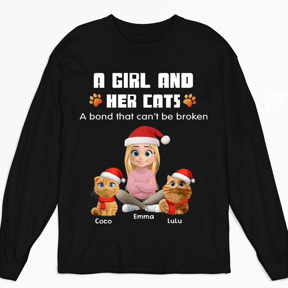 Human And Their Cat Cartoon Christmas - Personalized Custom Long Sleeve T-shirt
