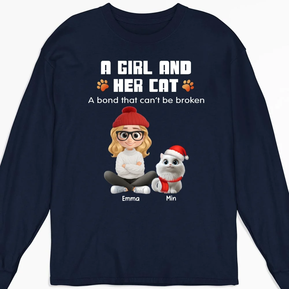 Human And Their Cat Cartoon Christmas - Personalized Custom Long Sleeve T-shirt - Image 5
