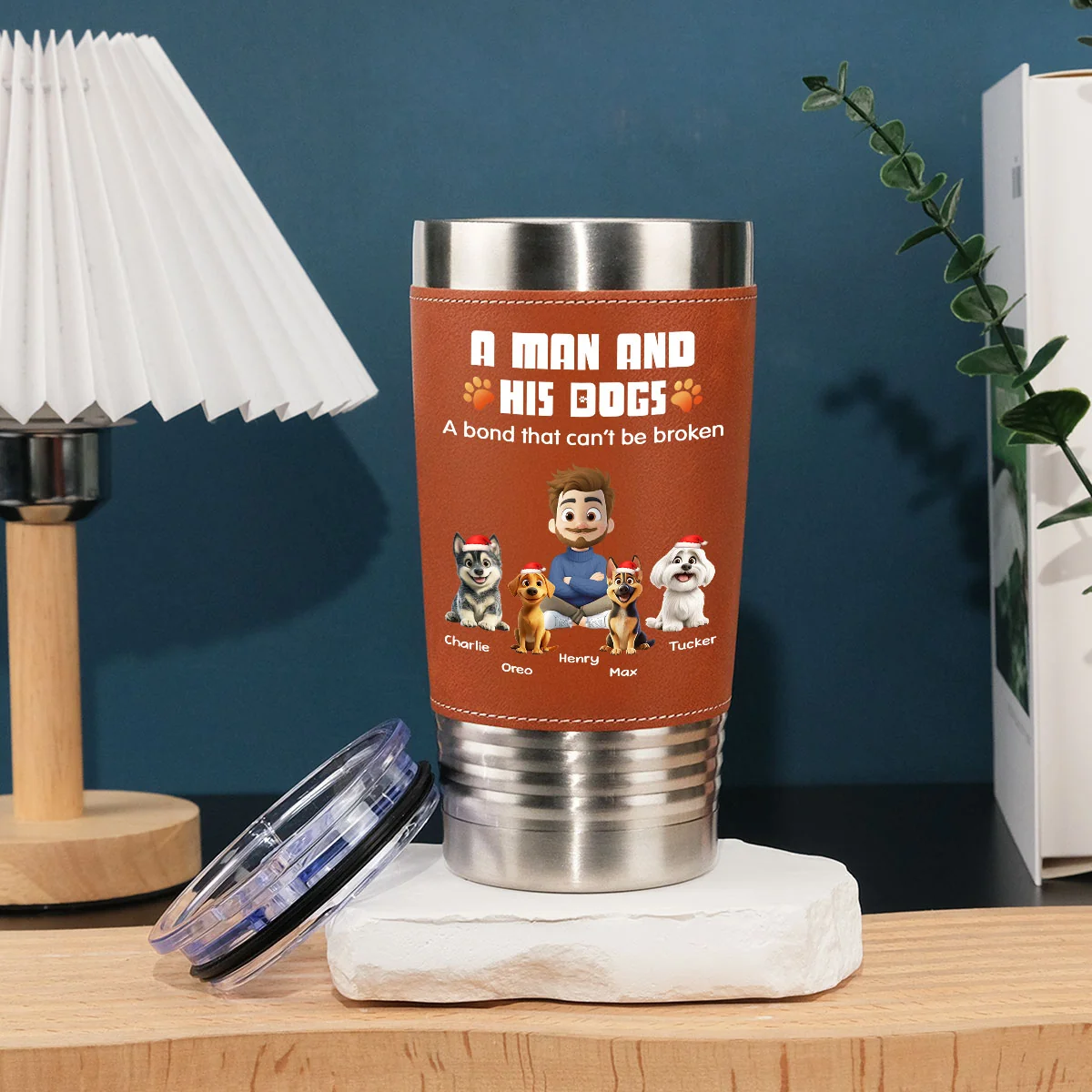 Human And Their Dog Cartoon Christmas - Personalized Custom Leather Tumbler - Image 4