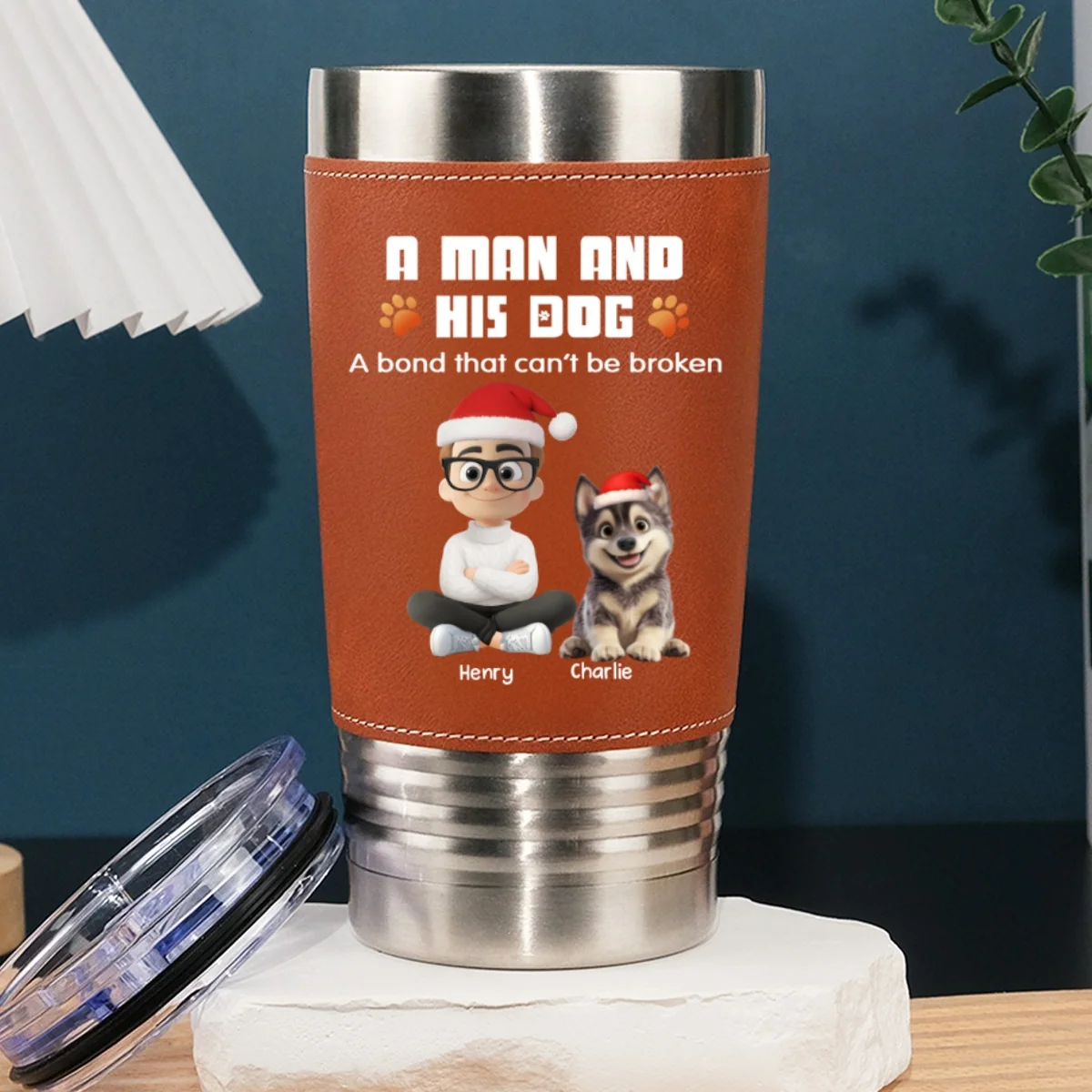 Human And Their Dog Cartoon Christmas - Personalized Custom Leather Tumbler - Image 6
