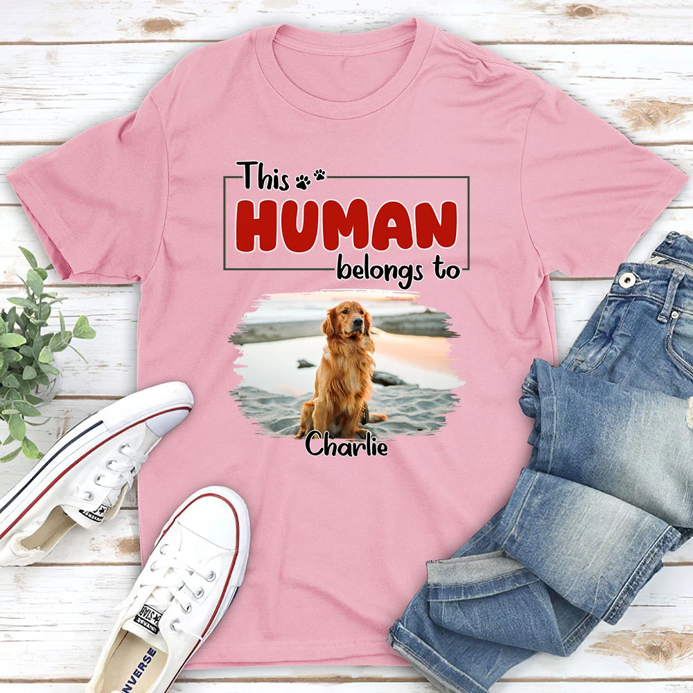 Human Belongs To Dog Christmas Photo - Personalized Custom Unisex T-Shirt - Image 2