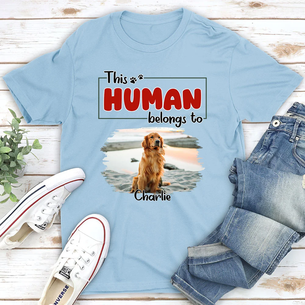 Human Belongs To Dog Christmas Photo - Personalized Custom Unisex T-Shirt - Image 3