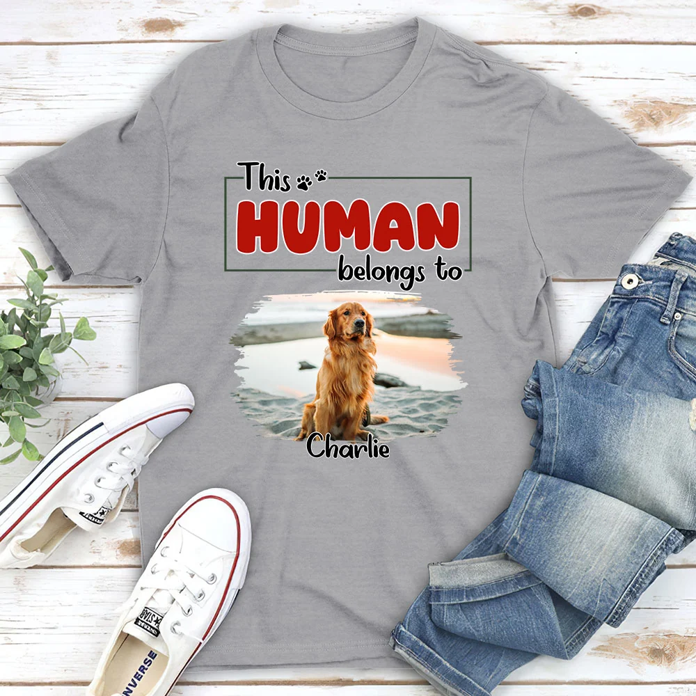 Human Belongs To Dog Christmas Photo - Personalized Custom Unisex T-Shirt - Image 4
